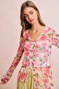 BiBi Floral Shrried Detail Button Up Mesh Cardigan Top 100100970651175 39 Gifts for Her Jerry's Apparel 