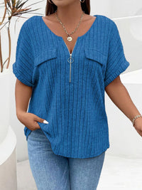 Plus Size Ribbed Half Zip Relaxed Fit T-Shirt