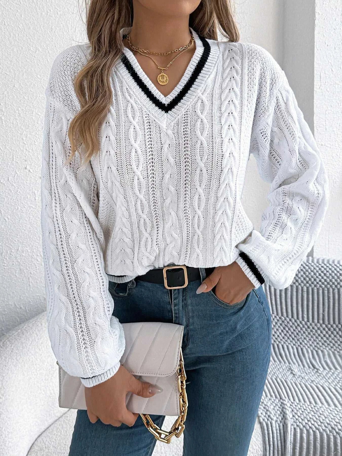 V-Neck Cable Knit Sweater with Striped Trim 101002502315459 35 Affordable Fashion Under $100 Jerry's Apparel 