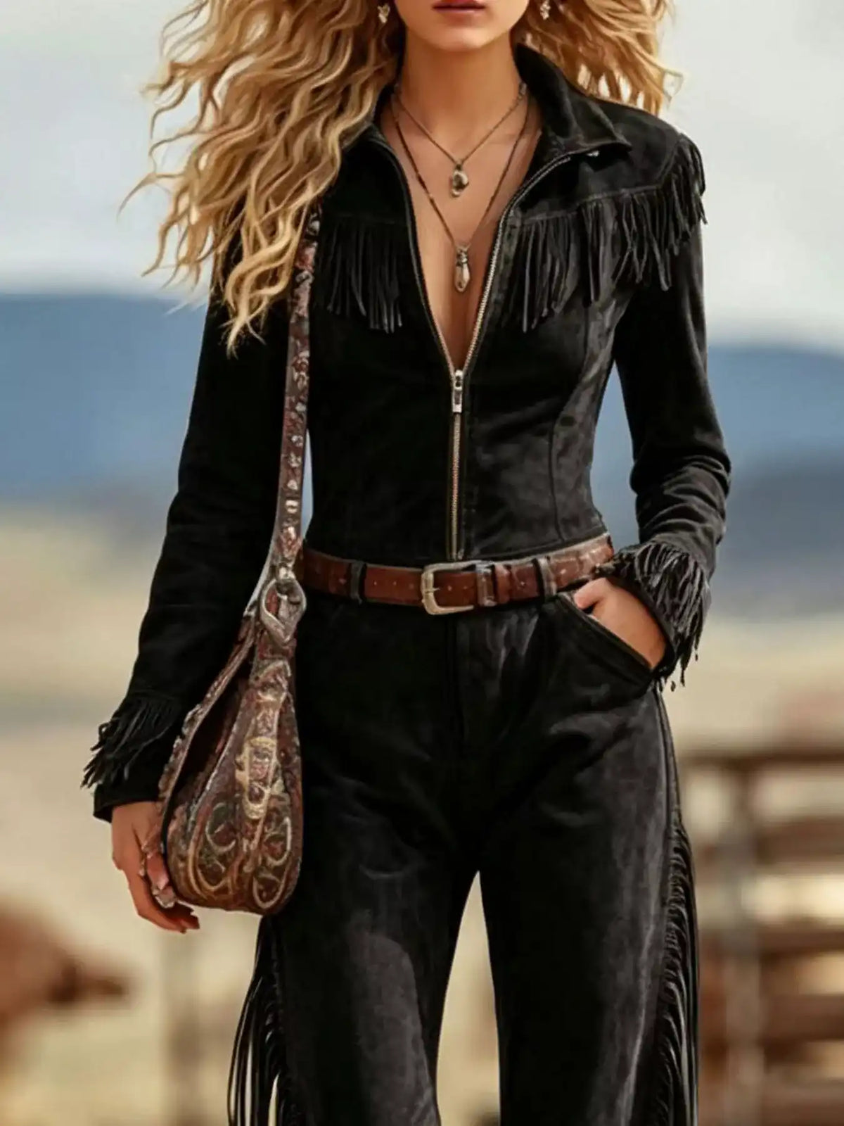 Western-Inspired Suede Fringe Jumpsuit with Zipper Front 101001816783054 101 Birthday Outfit Ideas Jerry's Apparel 