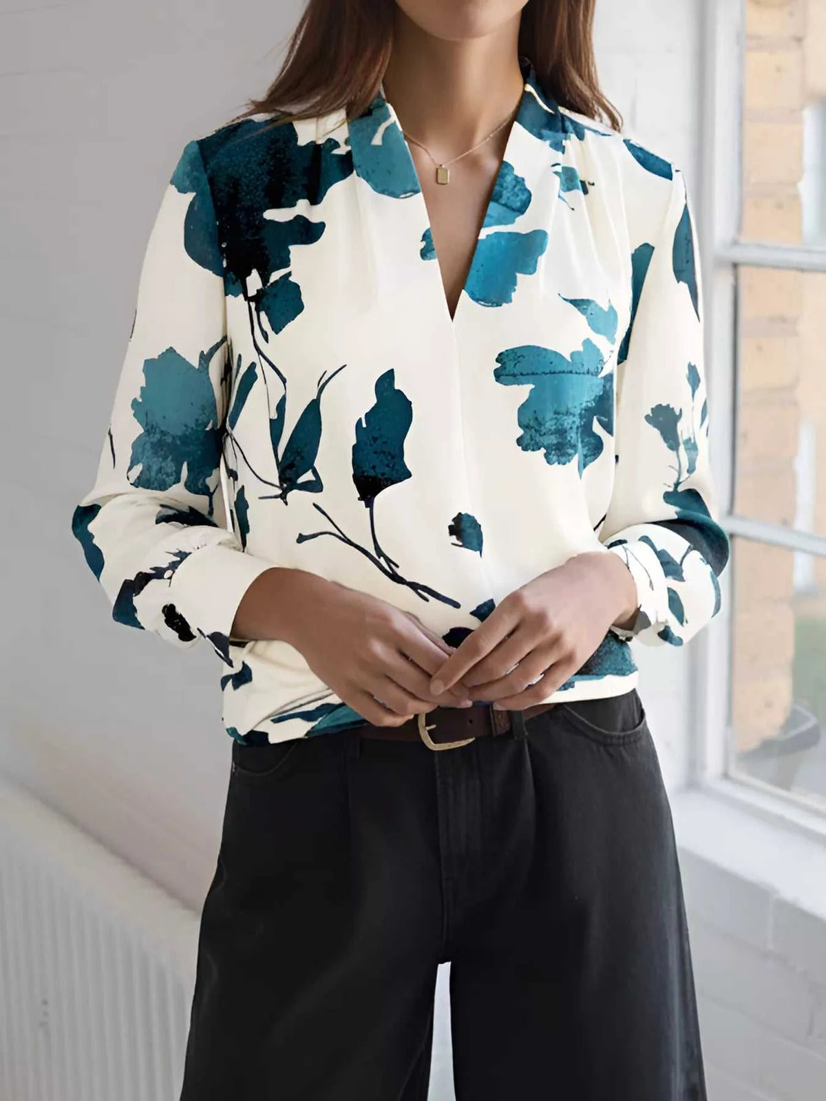 Printed V-Neck Long Sleeve Blouse 100100740911110 33 Affordable Fashion Under $100 Jerry's Apparel 
