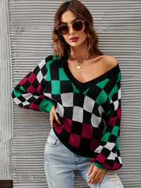 Angel Wings Checkered V-Neck Lantern Sleeve Sweater