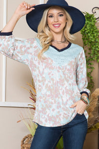 Full Size Leaf Print Contrast Trim Balloon Sleeve Top