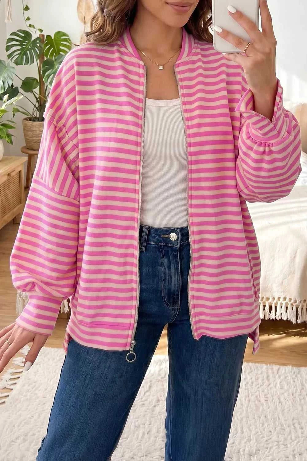Stripe Striped Zip-up Open Front Loose Fit Regular Length Hoodie 100100494869420 56 Affordable Fashion Under $100 Jerry's Apparel 