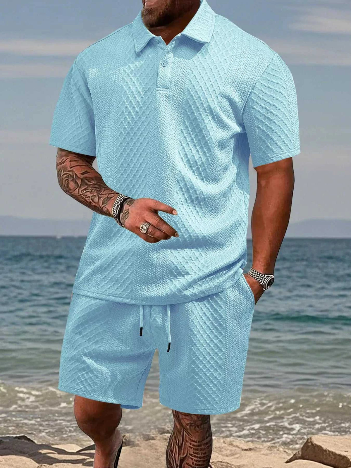 Men's Full Size Textured Knit Polo Shirt & Shorts Set Plus Size 100400756027156 37 Affordable Fashion Under $100 Jerry's Apparel 