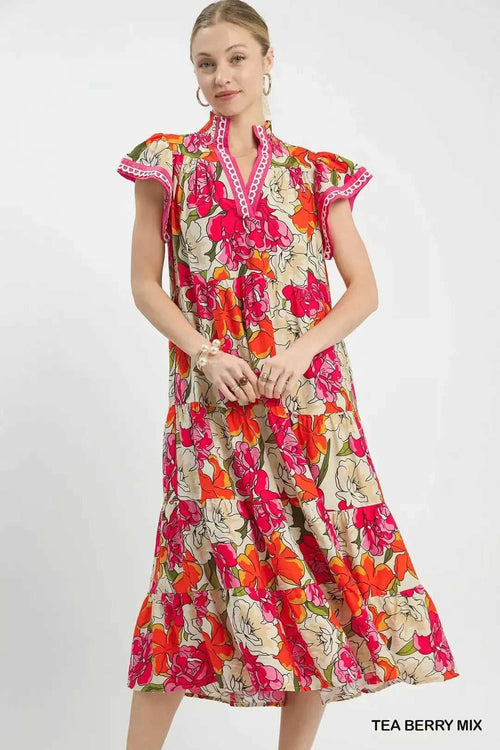 Umgee Mix Bold Floral Tiered Midi Dress