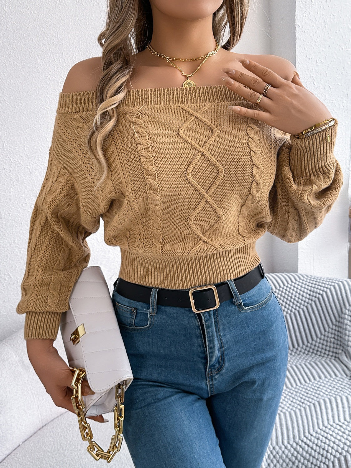 Cable Knit Off-Shoulder Long Sleeve Sweater