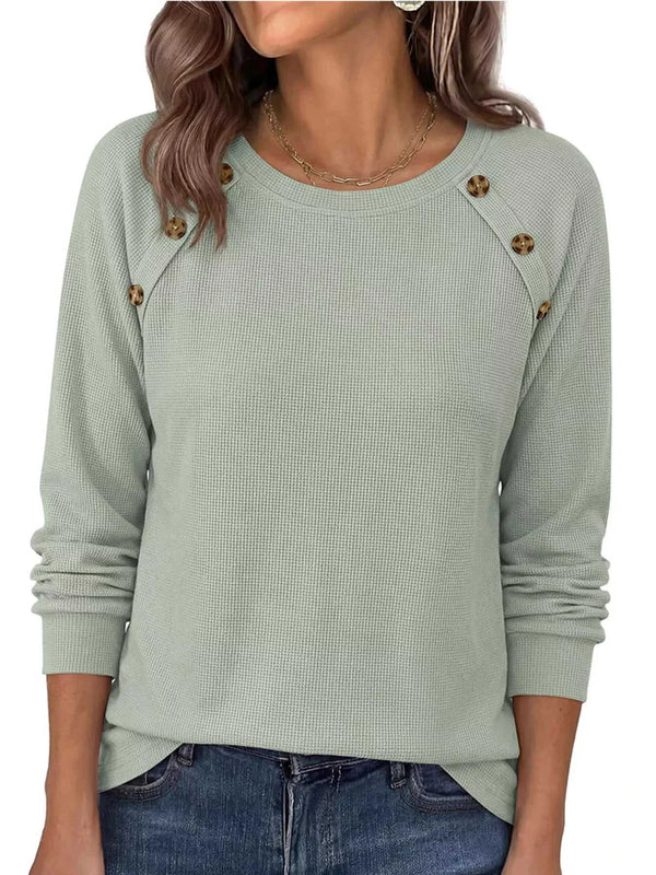 Decorative Button Waffle Knit Long Sleeve T-Shirt 101001761177088 47 Affordable Fashion Under $100 Jerry's Apparel 