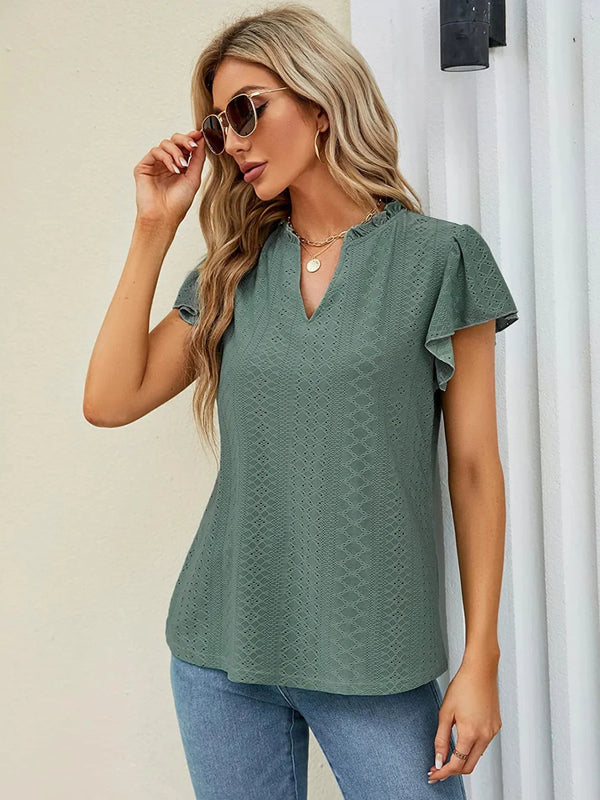 Eyelet Notched Short Sleeve T-Shirt