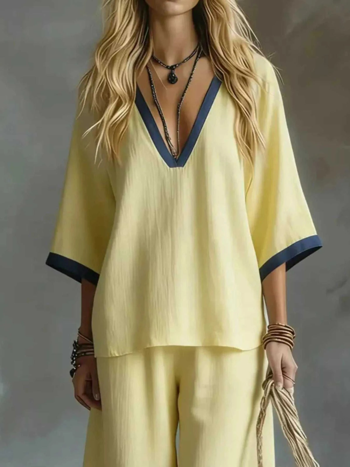 Full Size Contrast Trim V-Neck Top and Pants Set Plus Size 101001935032552 40 Affordable Fashion Under $100 Jerry's Apparel 