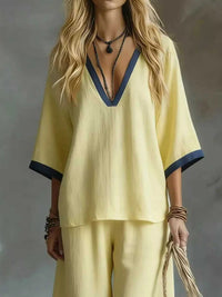 Full Size Contrast Trim V-Neck Top and Pants Set Plus Size 101001935032552 40 Affordable Fashion Under $100 Jerry's Apparel 