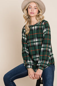 BOMBOM Curved Hem Plaid Round Neck Long Sleeve Top