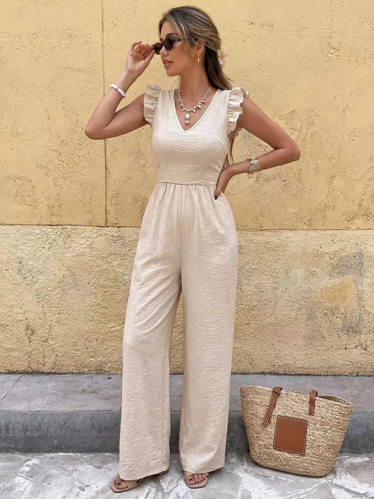 Ruffled V-Neck Wide Leg Jumpsuit 100100577304781 37 Affordable Fashion Under $100 Jerry's Apparel 
