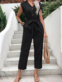 Button-Front Tie Waist Jumpsuit