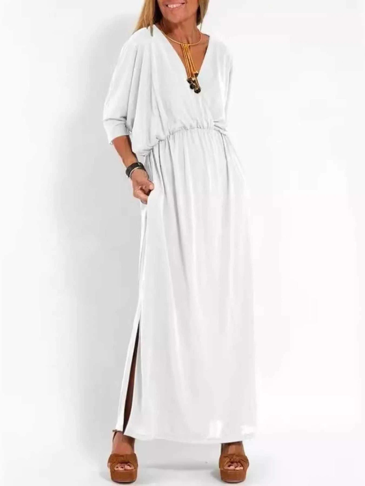Full Size V-Neck Batwing Sleeve Maxi Dress with Side Slits Plus Size 100100963539918 27 Affordable Fashion Under $100 Jerry's Apparel 