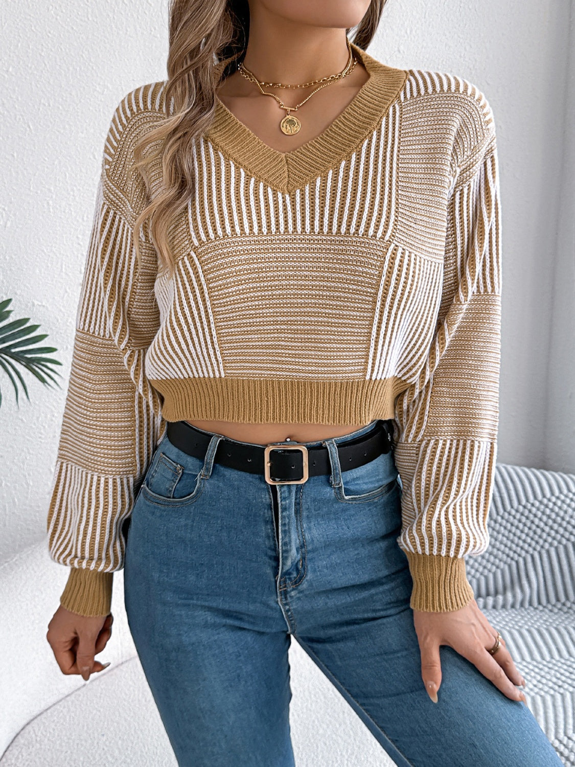 Striped V-Neck Long Sleeve Sweater