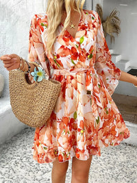 Devine Printed Surplice Ruffled 3/4 Sleeve Mini Dress
