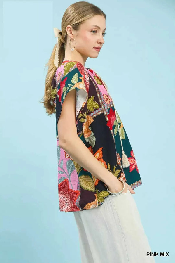 Umgee Mix Floral Patchwork Tassel Tie Top 100100389751612 45 Affordable Fashion Under $100 Jerry's Apparel 