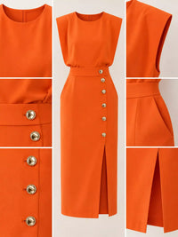 Sleeveless Midi Dress with Gold Button Detail and Side Slit 101001590890082 42 Affordable Fashion Under $100 Jerry's Apparel 