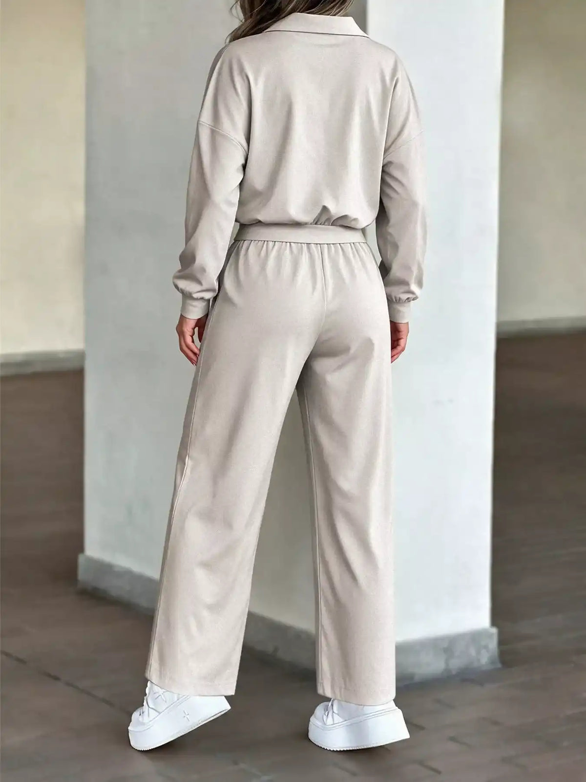 Polo Collar Long Sleeve Top and Straight Leg Pants Set 101001211007031 81 Affordable Fashion Under $100 Jerry's Apparel 