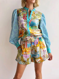 Printed Button Up Shirt and Shorts Set
