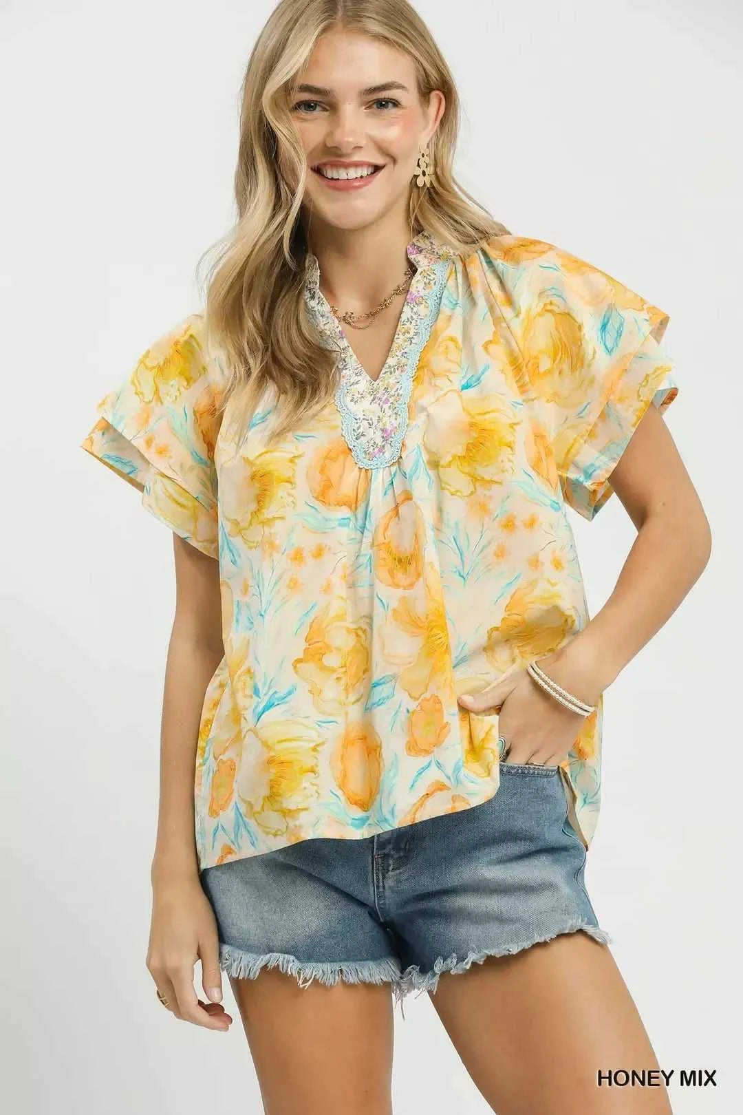 Umgee Mix Floral Print Blouse with Crochet Lace Trim 100100216521467 51 Affordable Fashion Under $100 Jerry's Apparel 