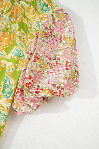 Multicolour Printed Contrast Bubble Sleeve Patchwork Blouse