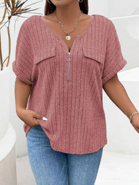 Plus Size Ribbed Half Zip Relaxed Fit T-Shirt