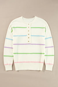 Contrast Striped Half Button Round Neck Sweater