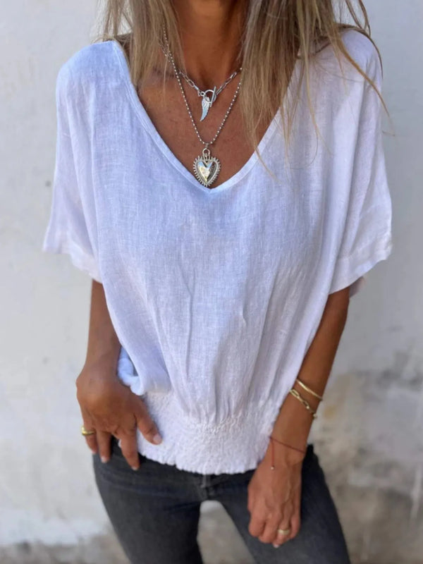 Full Size Smocked Hem V-Neck Relaxed Fit T-Shirt Plus Size