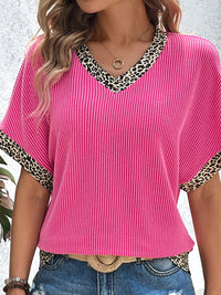 Leopard Trim Ribbed V-Neck T-Shirt