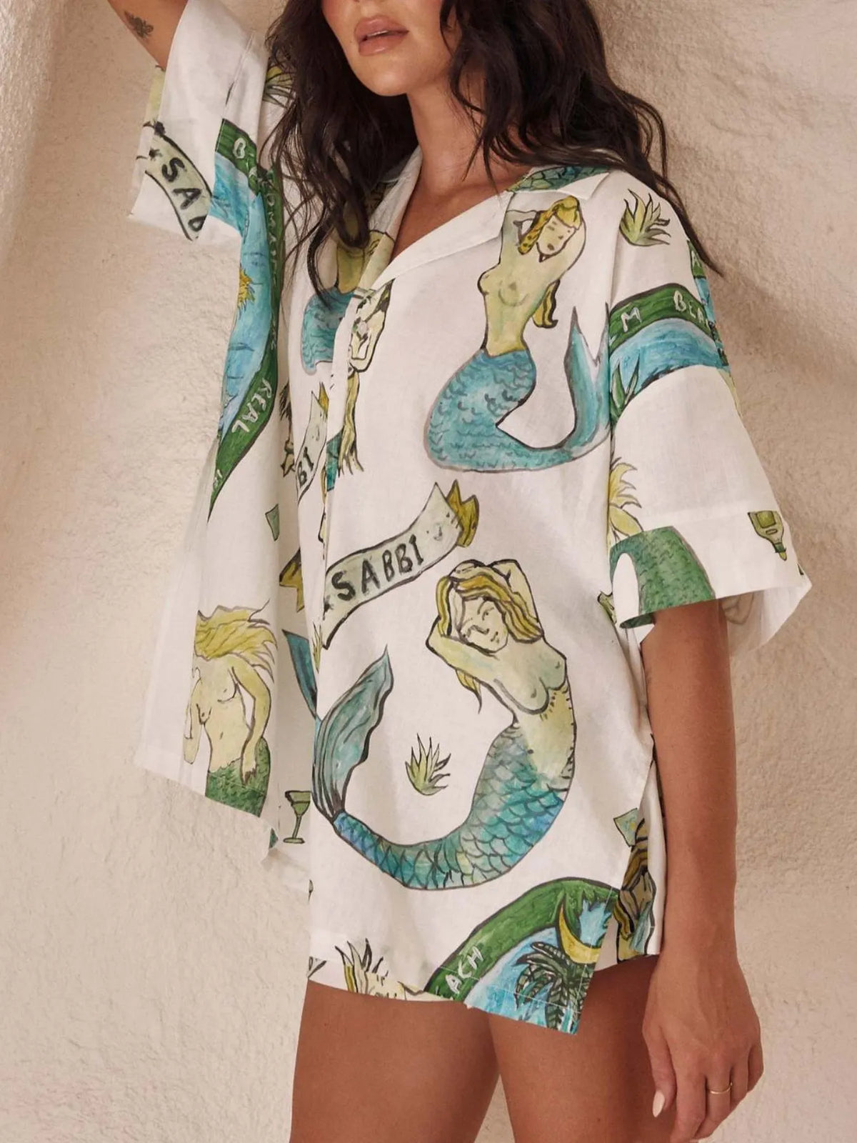 Printed Button Up Shirt and Shorts Set