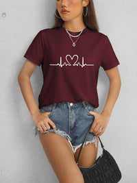 Heart Round Neck Short Sleeve T-Shirt