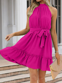 Frill Grecian Neck Tie Waist Mini Dress