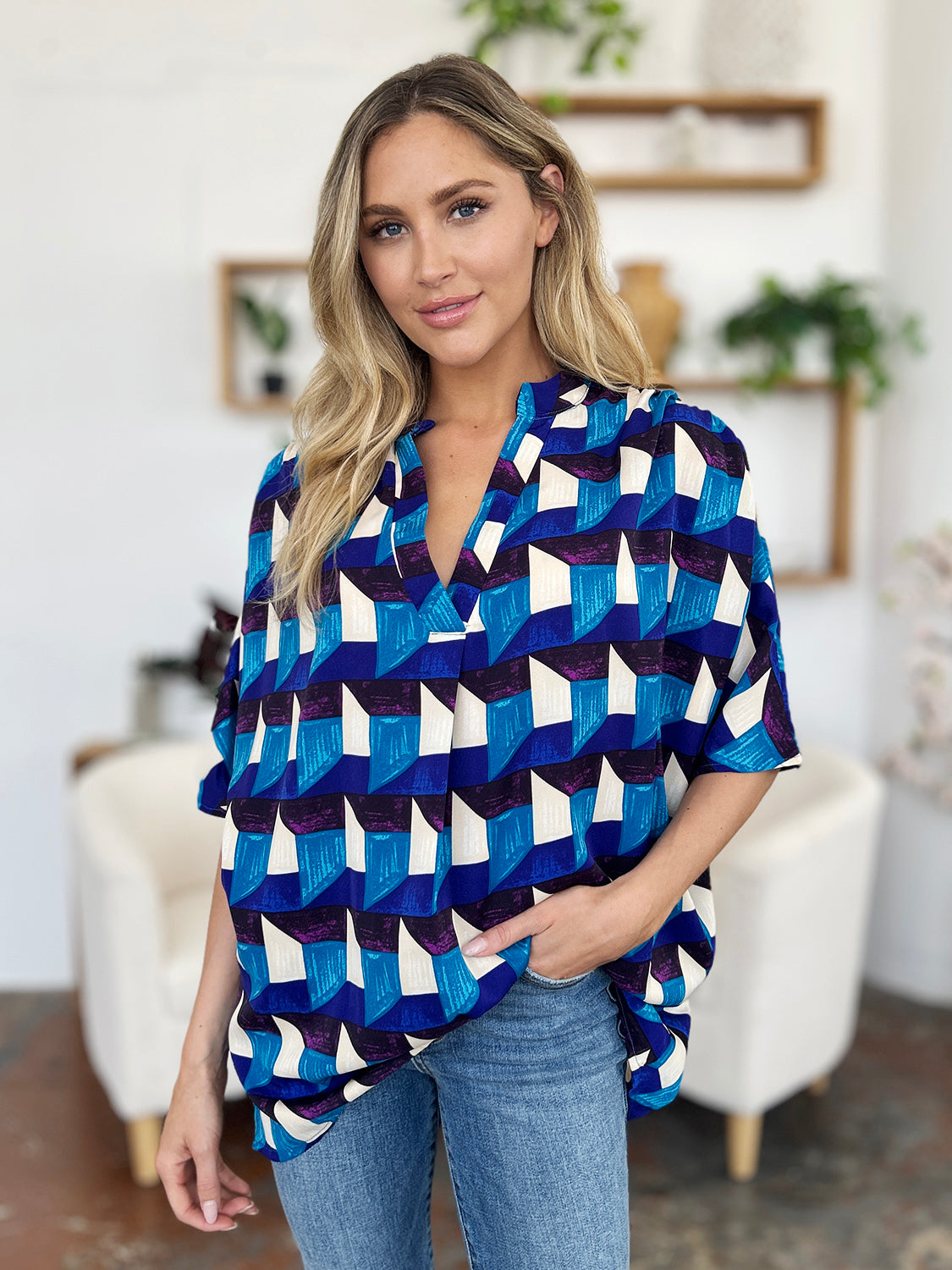 Full Size Geometric Notched Half Sleeve Blouse