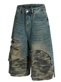 Men's Distressed Camo Patchwork Denim Shorts