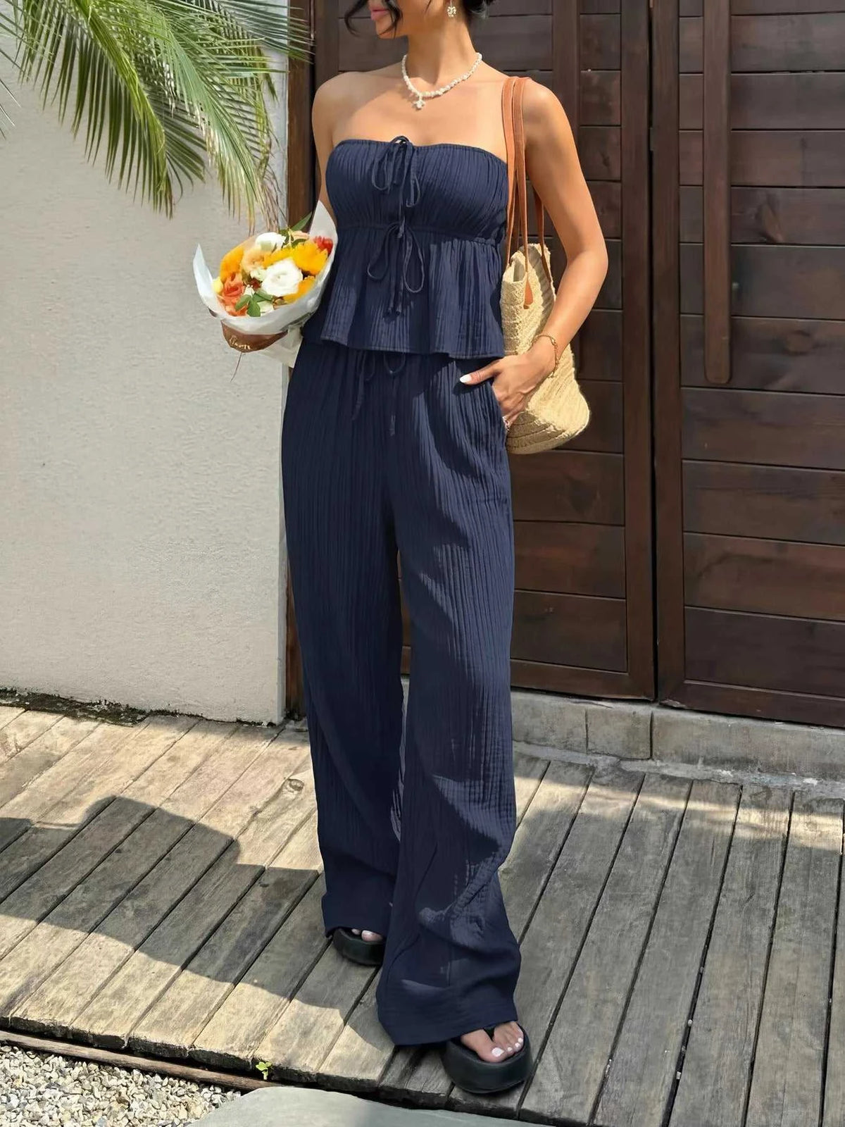 Textured Tube Top & Wide Leg Pants Set 100100753073770 41 Affordable Fashion Under $100 Jerry's Apparel 
