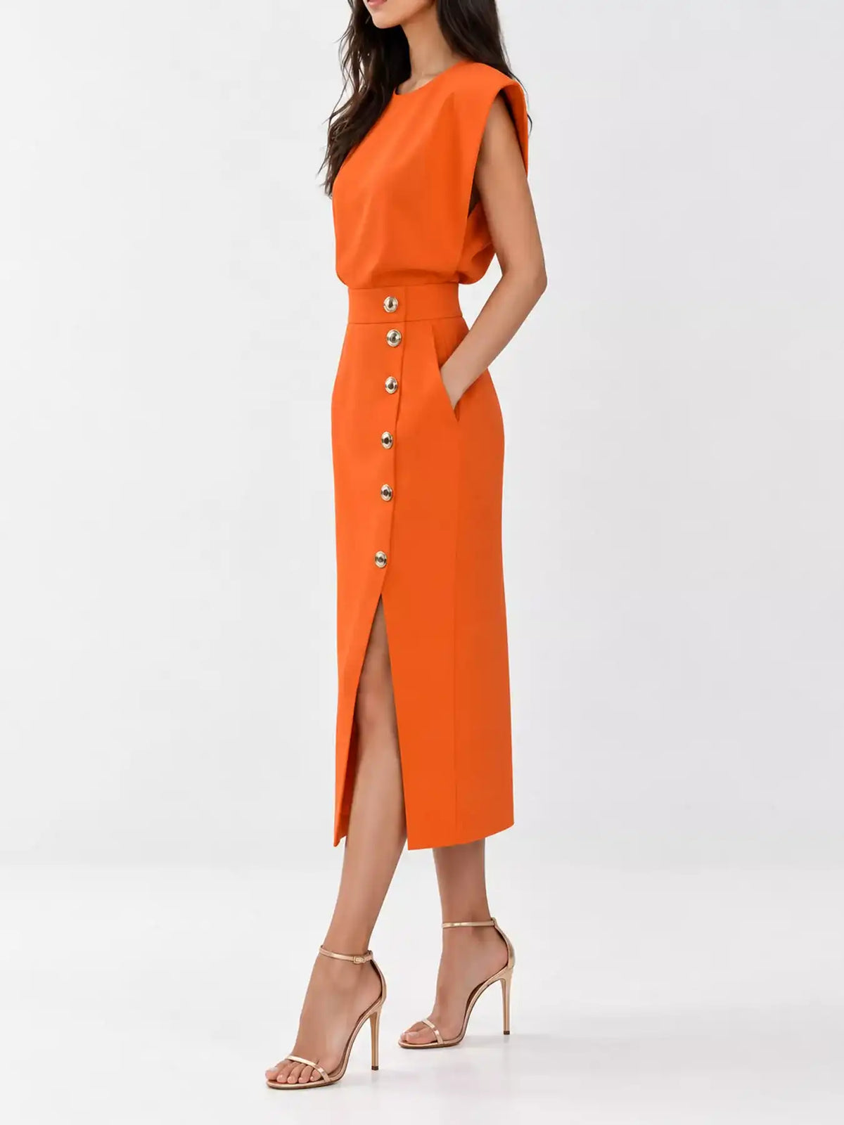 Sleeveless Midi Dress with Gold Button Detail and Side Slit 101001590890082 42 Affordable Fashion Under $100 Jerry's Apparel 