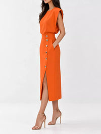 Sleeveless Midi Dress with Gold Button Detail and Side Slit 101001590890082 42 Affordable Fashion Under $100 Jerry's Apparel 