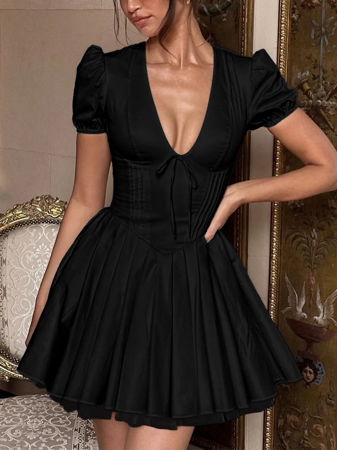 V-Neck Short Sleeve Mini Dress