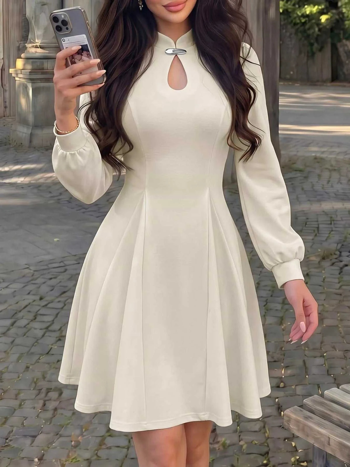 Keyhole Neckline Long Sleeve A-Line Mini Dress 101001180423044 49 Affordable Fashion Under $100 Jerry's Apparel 