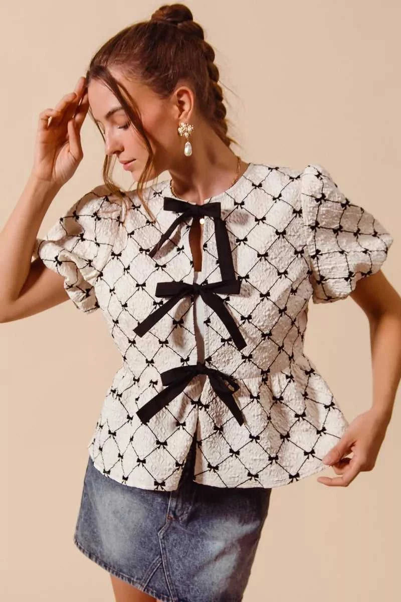 SO ME Bow Texture Woven Peplum Top With Contrast Tie 100100696611485 51 Affordable Fashion Under $100 Jerry's Apparel 