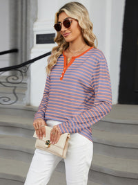 Striped Notched Long Sleeve T-Shirt