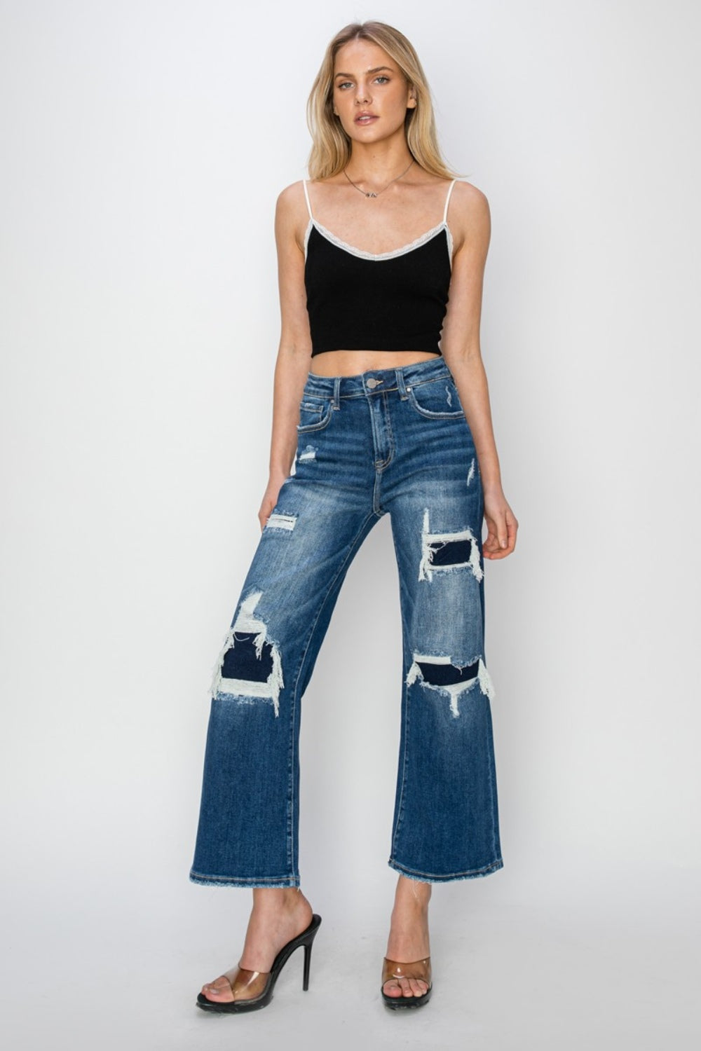 Full Size High Rise Patch Detailed Wide Leg Crop Jeans