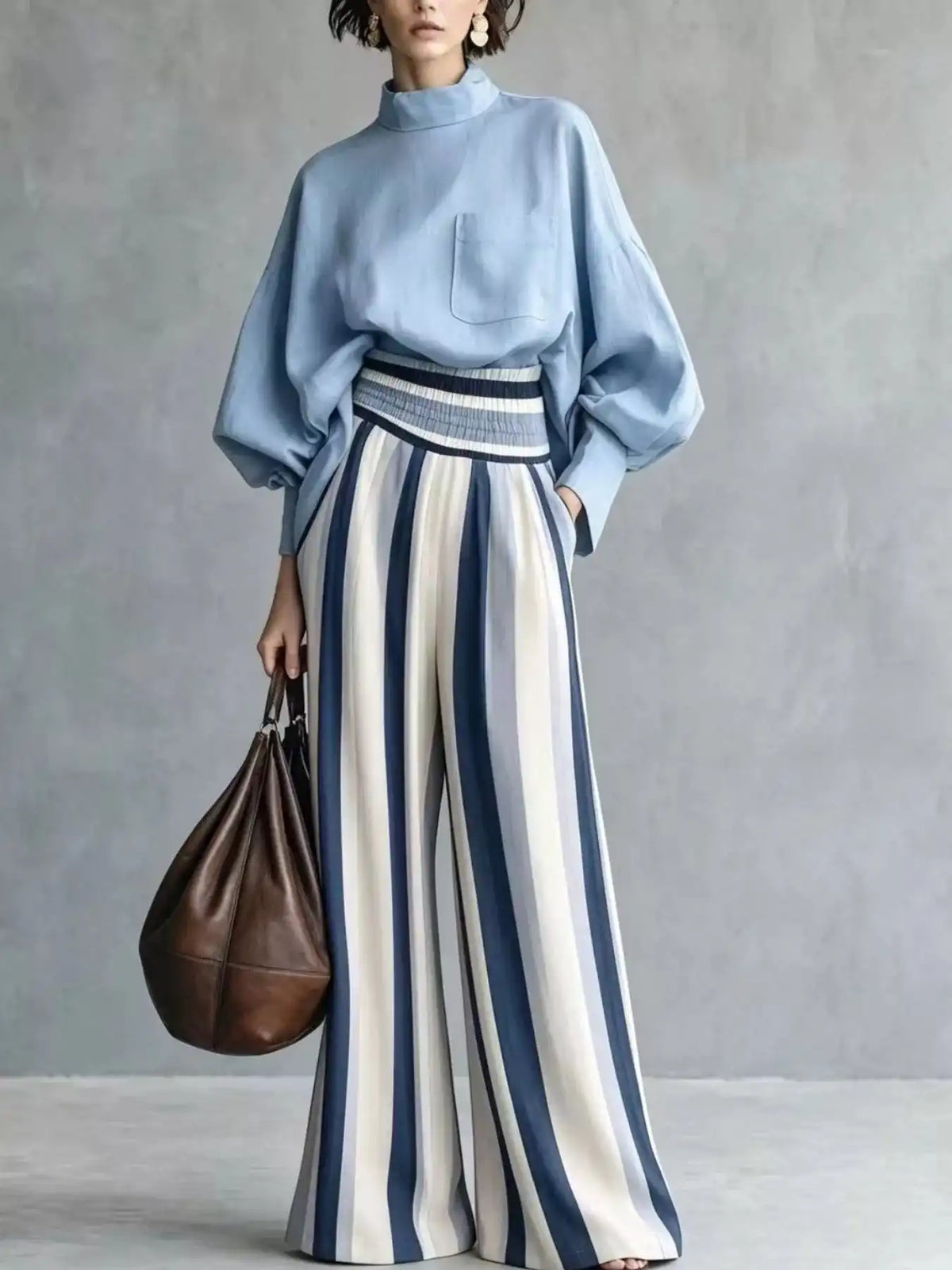 Full Size Mock Neck Top and Striped Wide-Leg Pants Set Plus Size 101001535665890 65 Gifts for Her Jerry's Apparel 