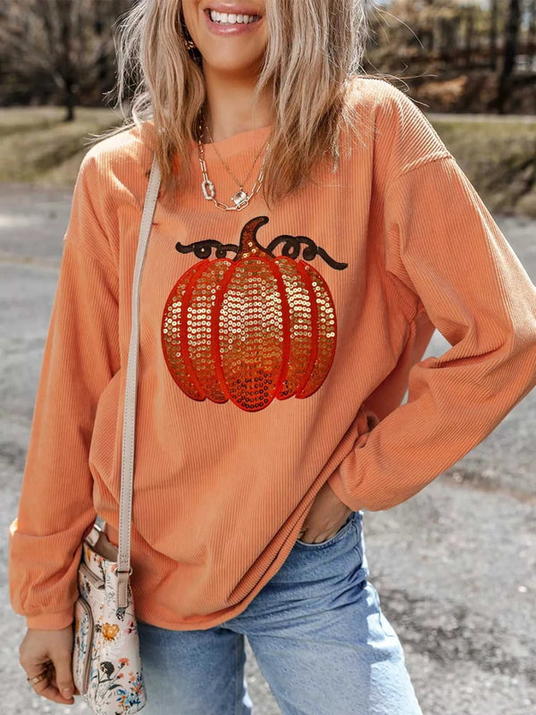 Halloween Sequined Pumpkin Ribbed Round Neck Sweatshirt 100100712885386 44 Affordable Fashion Under $100 Jerry's Apparel 