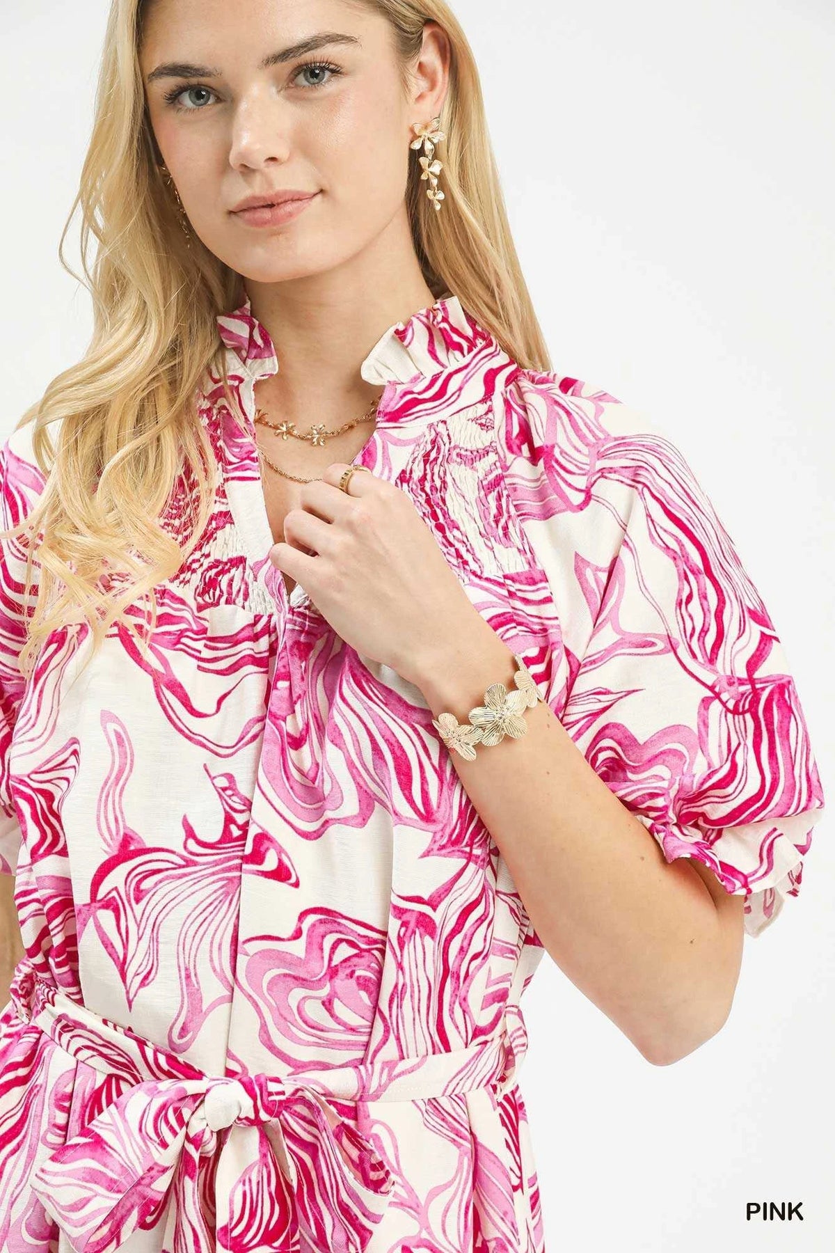 Umgee Abstract Print Smocked Tie Waist Midi Dress 100100415061314 61 Affordable Fashion Under $100 Jerry's Apparel 