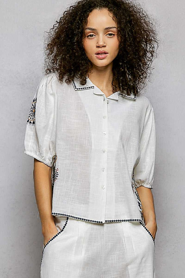POL Button Down Embroidered Floral Short Sleeve Shirt 100100350981945 50 Affordable Fashion Under $100 Jerry's Apparel 