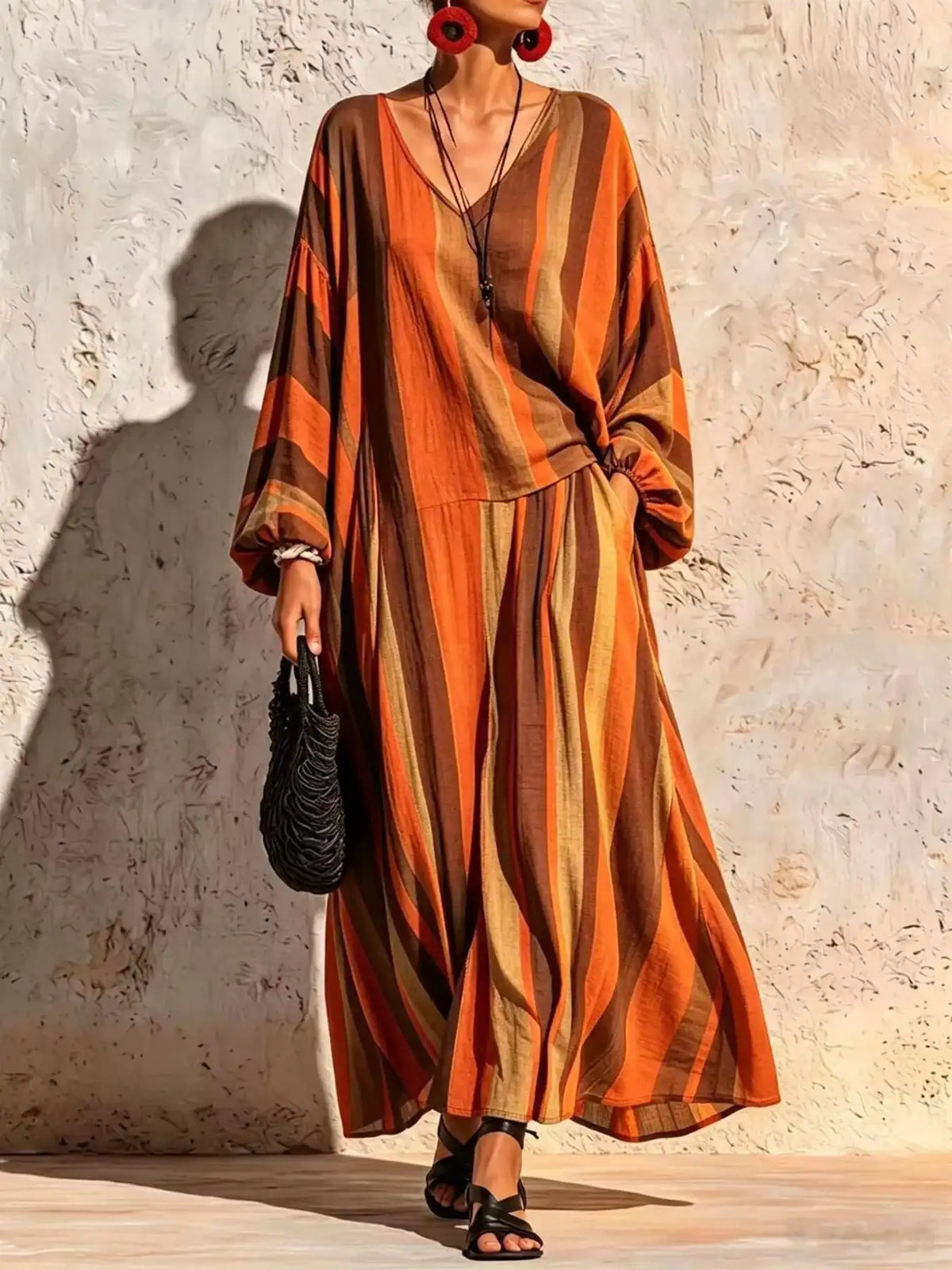 Bohemian Striped V-Neck Loose Top and Wide Leg Pants Set 101001499000333 56 Affordable Fashion Under $100 Jerry's Apparel 