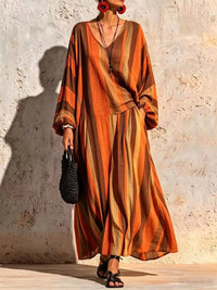 Bohemian Striped V-Neck Loose Top and Wide Leg Pants Set 101001499000333 56 Affordable Fashion Under $100 Jerry's Apparel 
